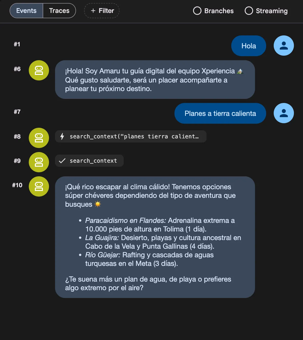 Amaru agent chat: the user asks for plans in warm weather destinations and the agent calls search_context to recommend Skydiving in Flandes, La Guajira, and Rio Guejar