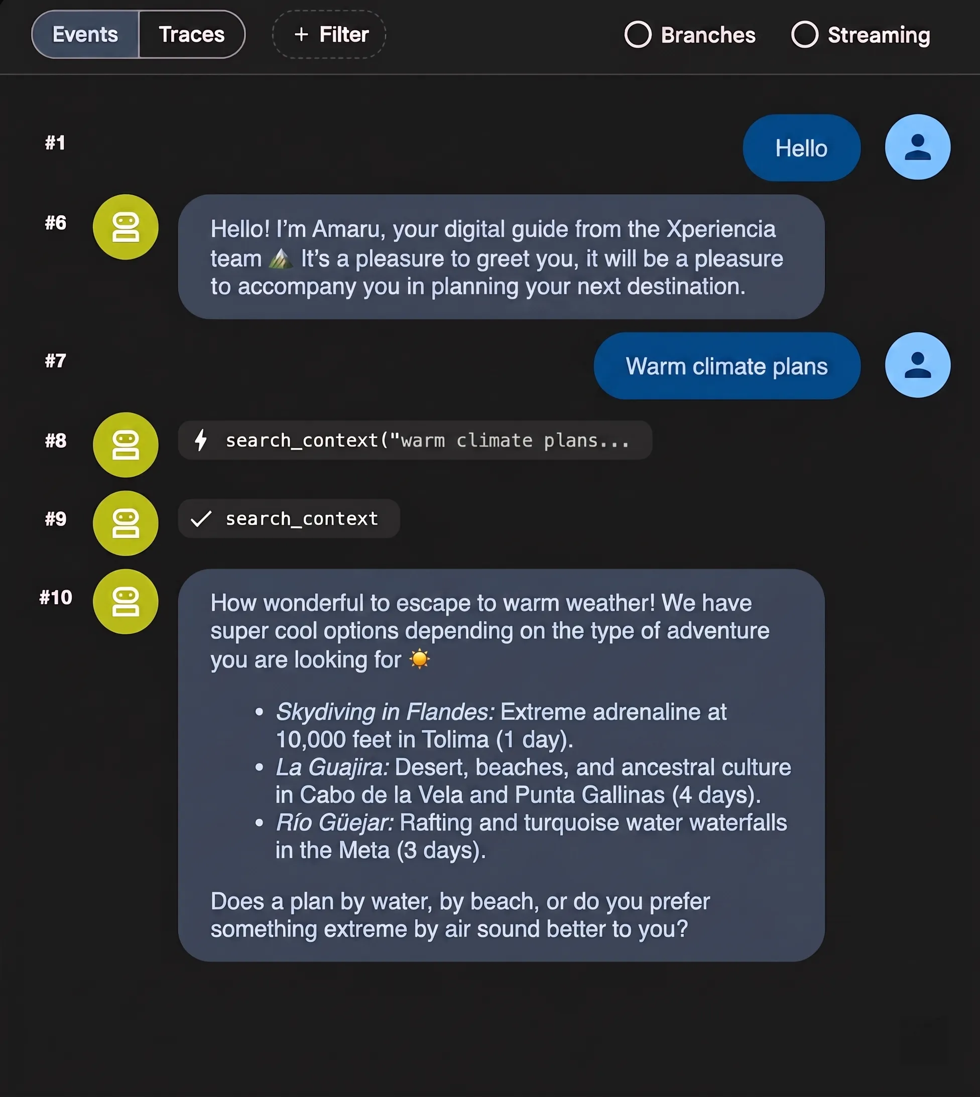 Amaru agent chat: the user asks for warm-weather getaways and the agent calls search_context to recommend Hawaii, San Diego, and Key West
