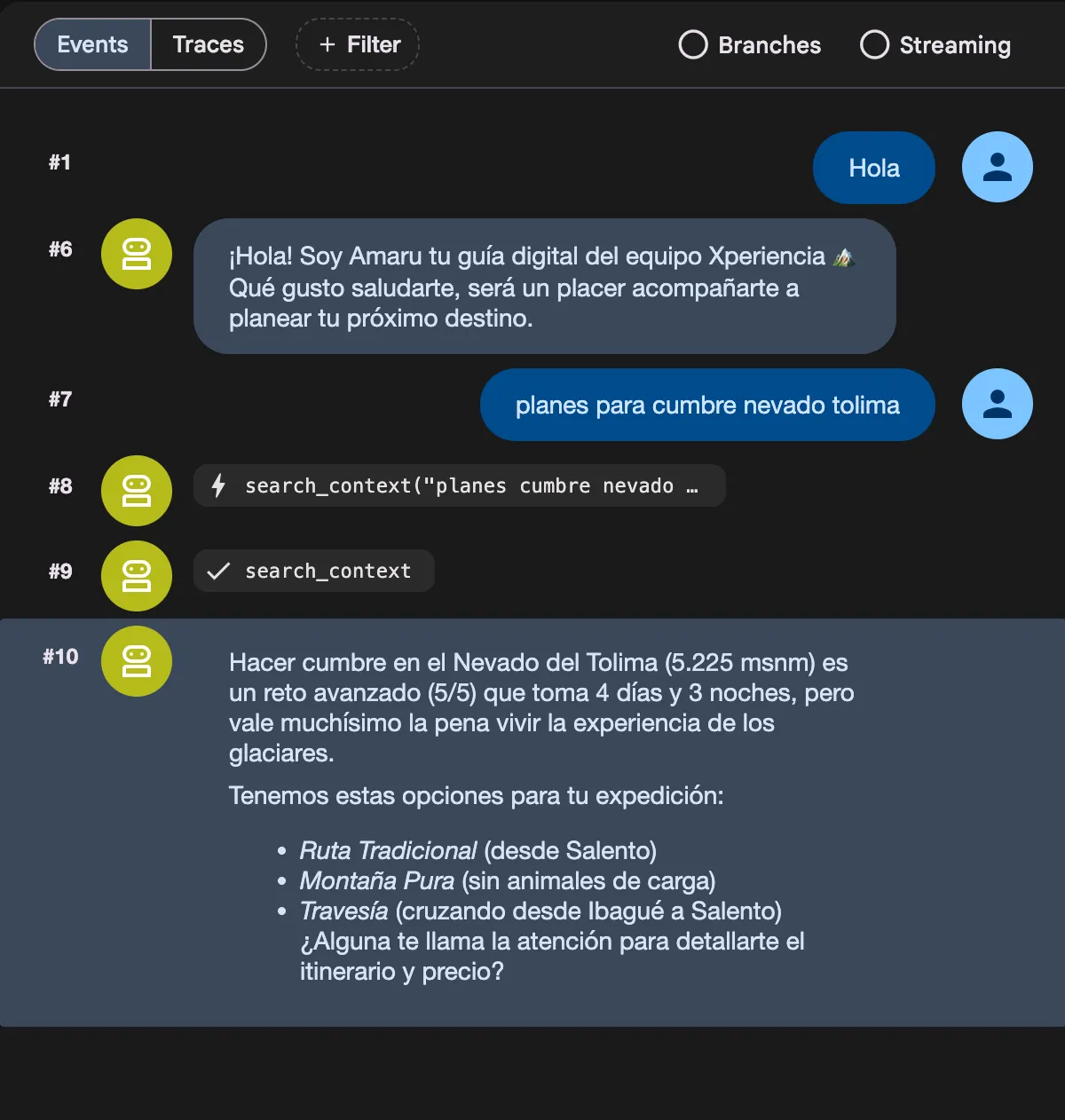 Amaru agent chat: the user asks about the summit of Nevado del Tolima and search_context returns traditional, Montana Pura, and Travesia routes