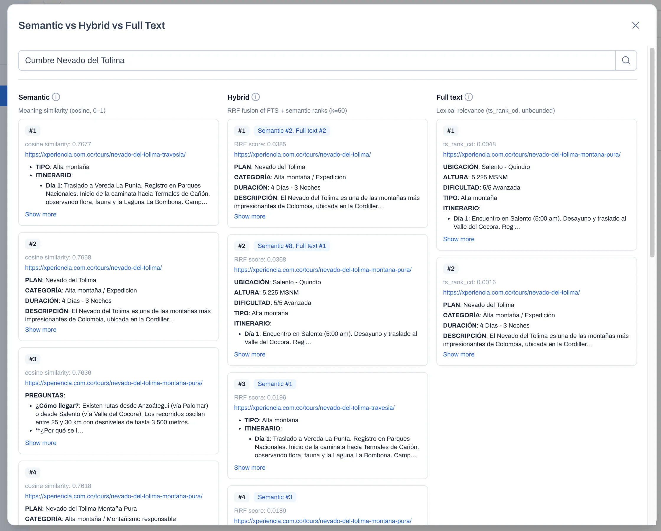 Comparison of semantic, hybrid, and full text search for the precise query 'Cumbre Nevado del Tolima': hybrid merges results from both layers